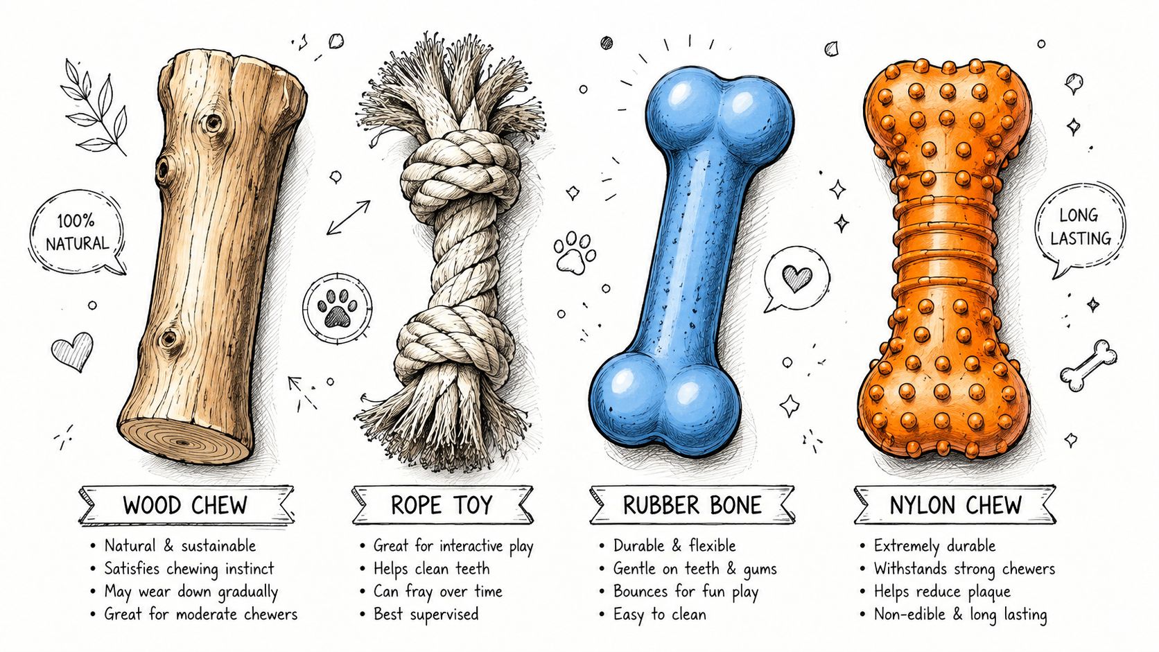 An infographic showing four types of dog toys including wood, rope, rubber, and nylon chews with descriptions.
