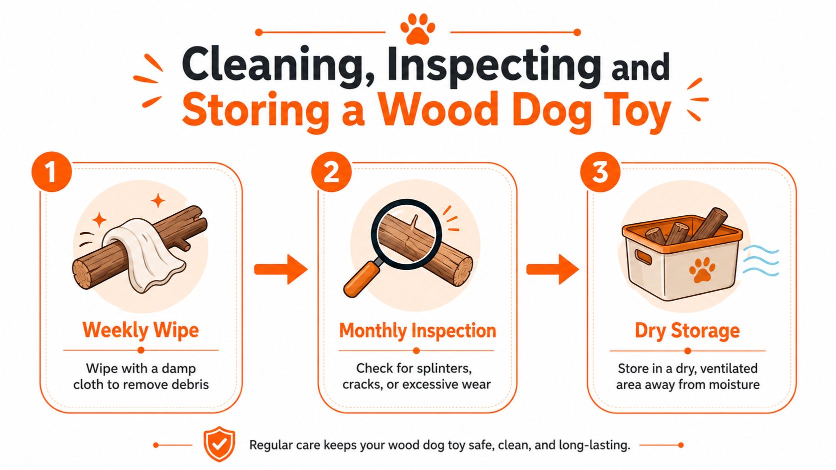 A three-step infographic showing how to clean, inspect, and store a wood dog toy for pet safety.