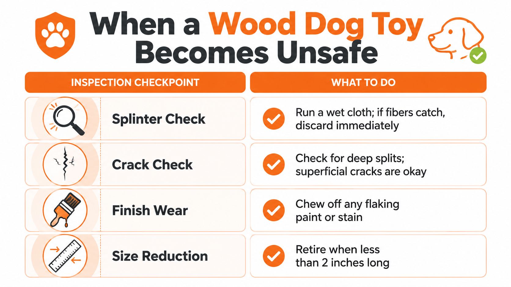 A safety infographic detailing four inspection checkpoints to determine if a wood dog toy is no longer safe.