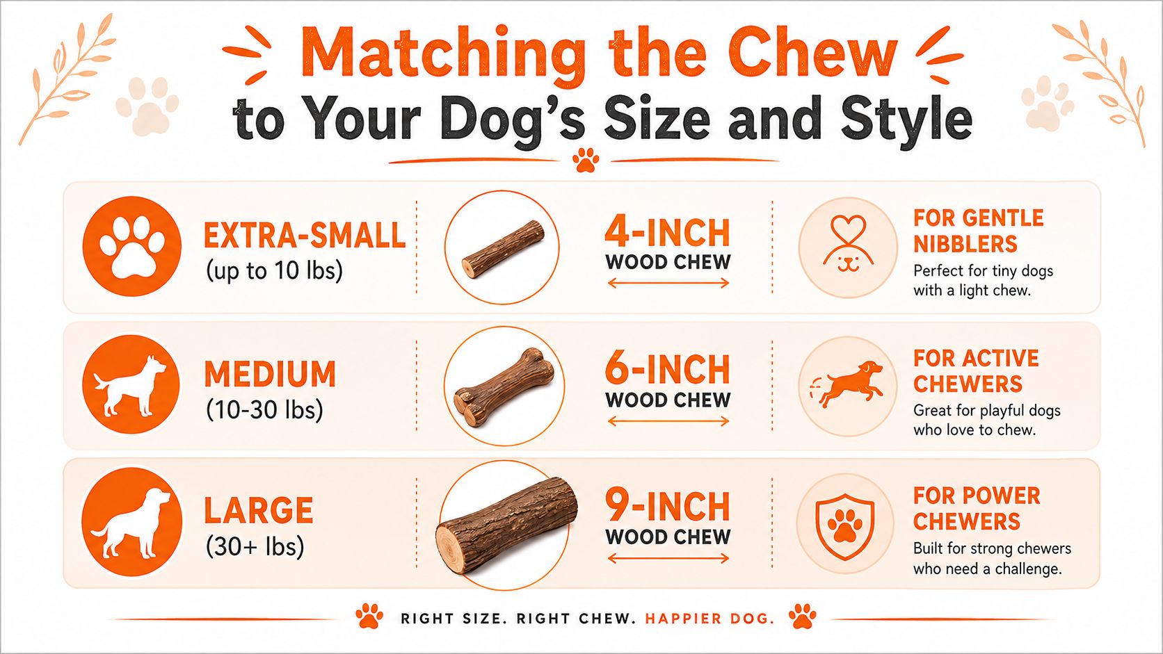A guide for matching wood dog chews to your dog's size, weight, and chewing style.