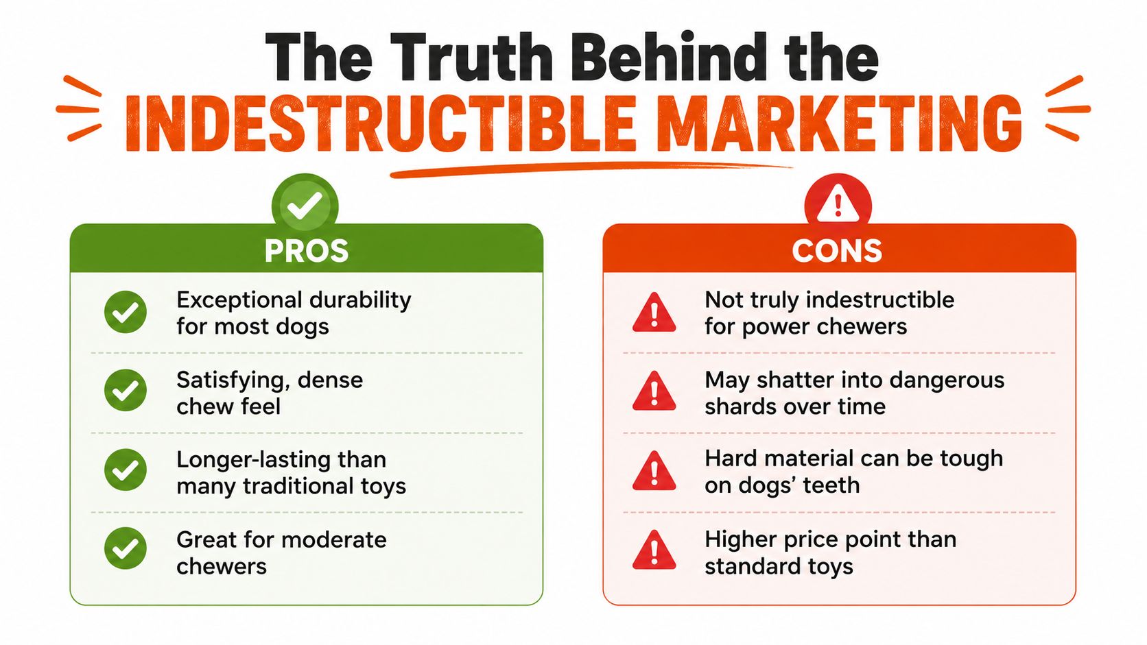 A comparison chart outlining the pros and cons of indestructible marketing for durable dog chew toys.