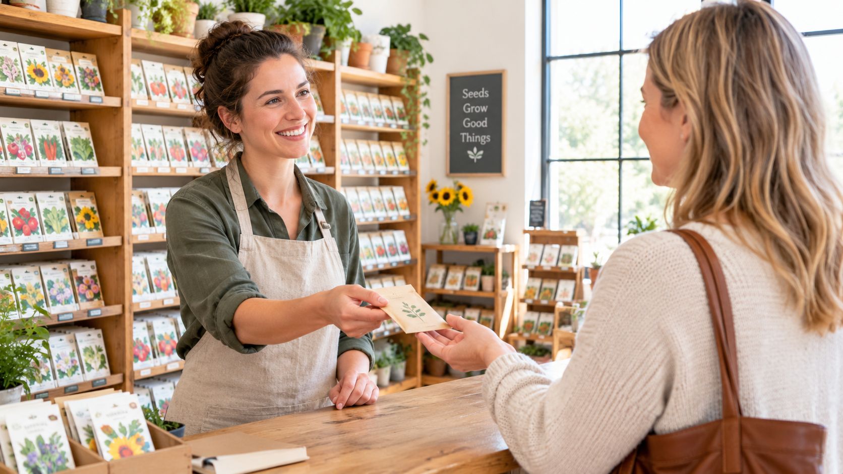 A friendly shop assistant hands a package of lamb's breath seeds to a customer at a store counter.