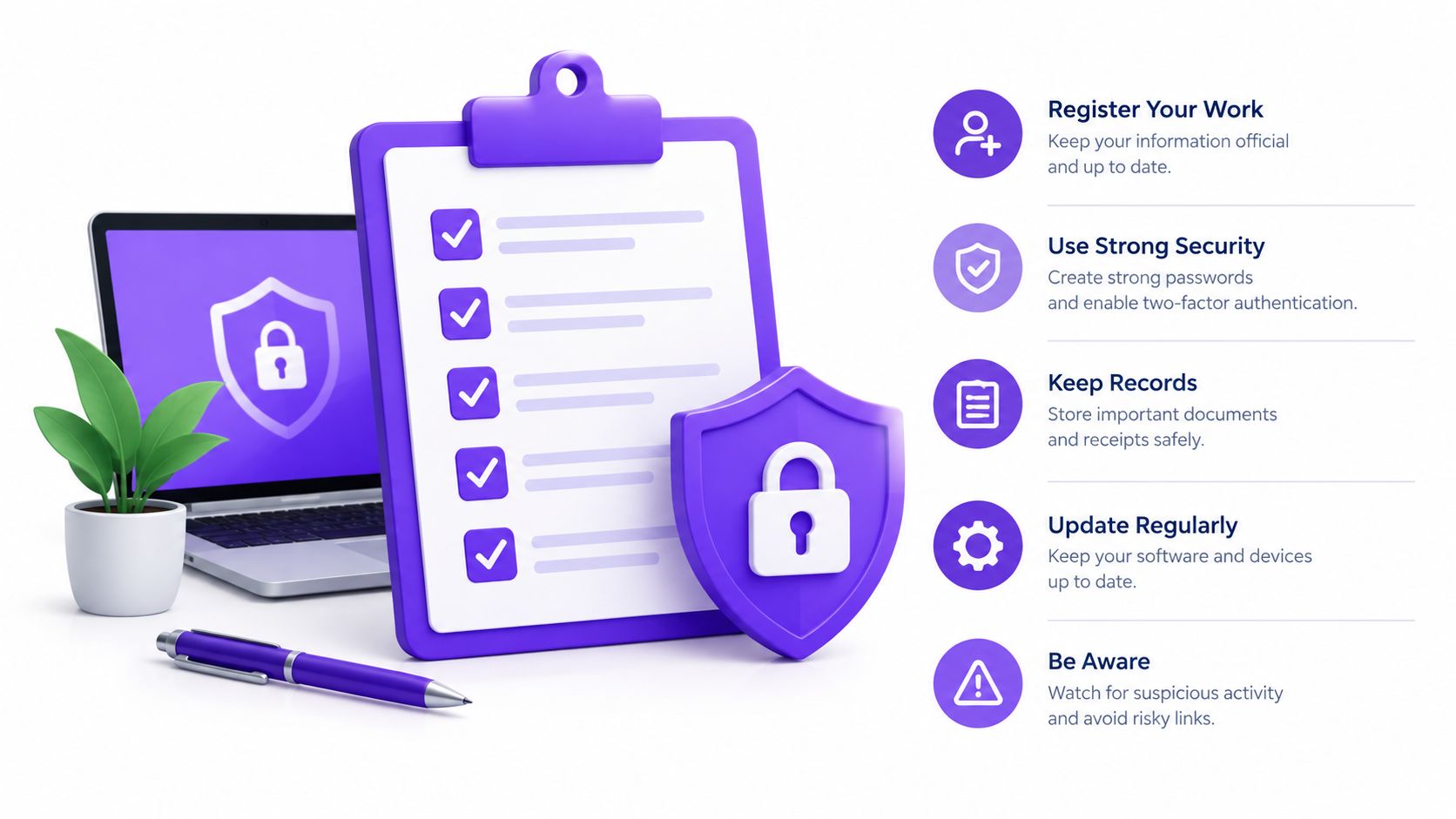 A 3D infographic featuring a digital clipboard, security shield, and laptop illustrating cybersecurity tips for artists.