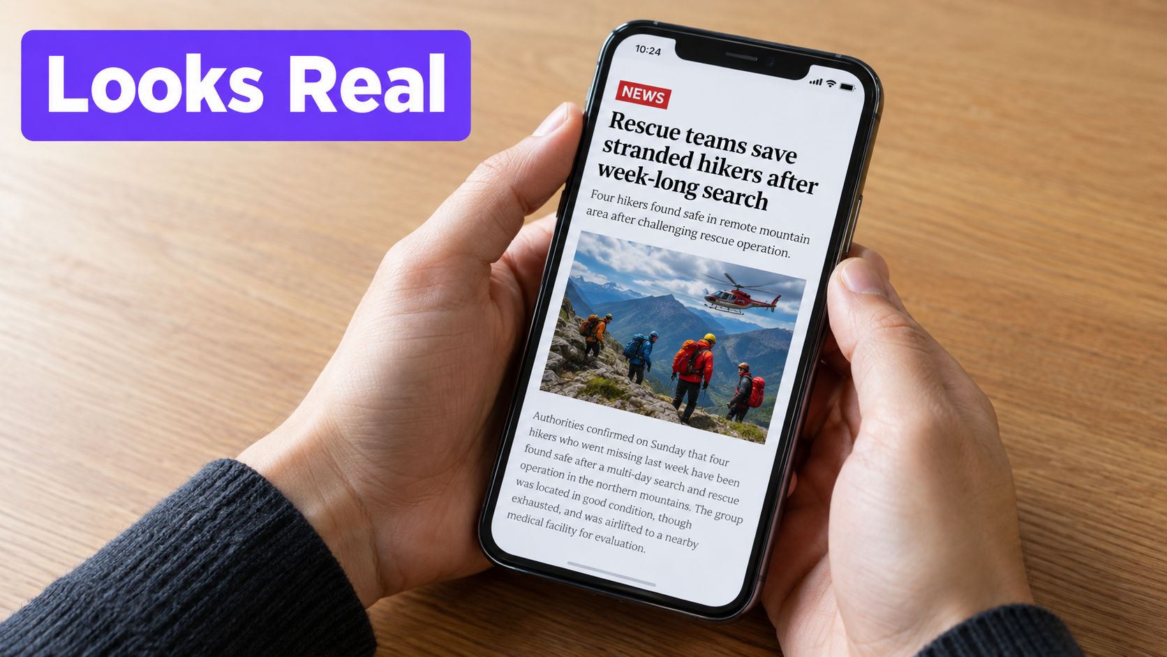 A pair of hands holding a smartphone displaying a news article about a hiker rescue operation.
