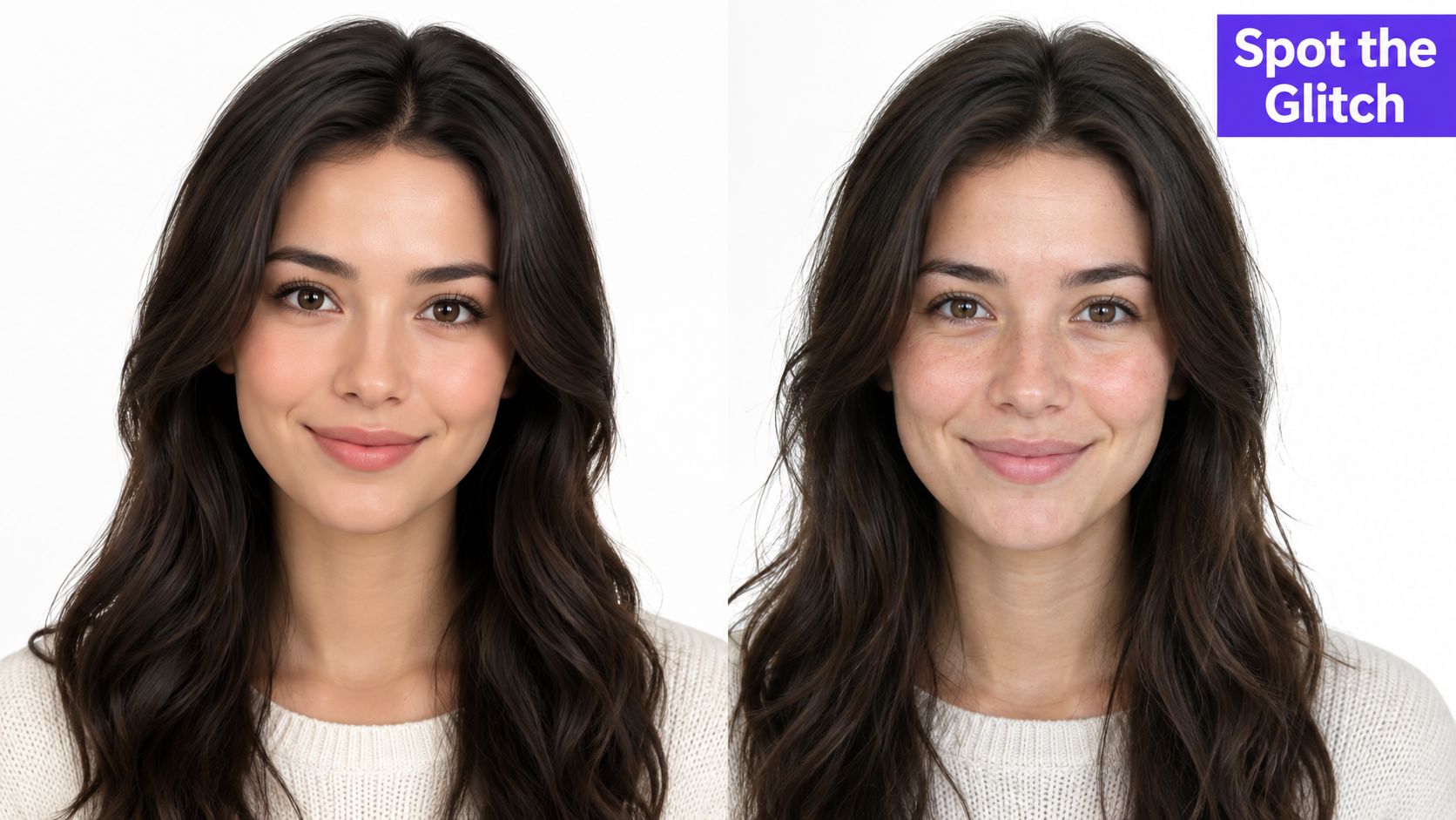 A split image showing an AI generated face on the left and a natural human face on the right.