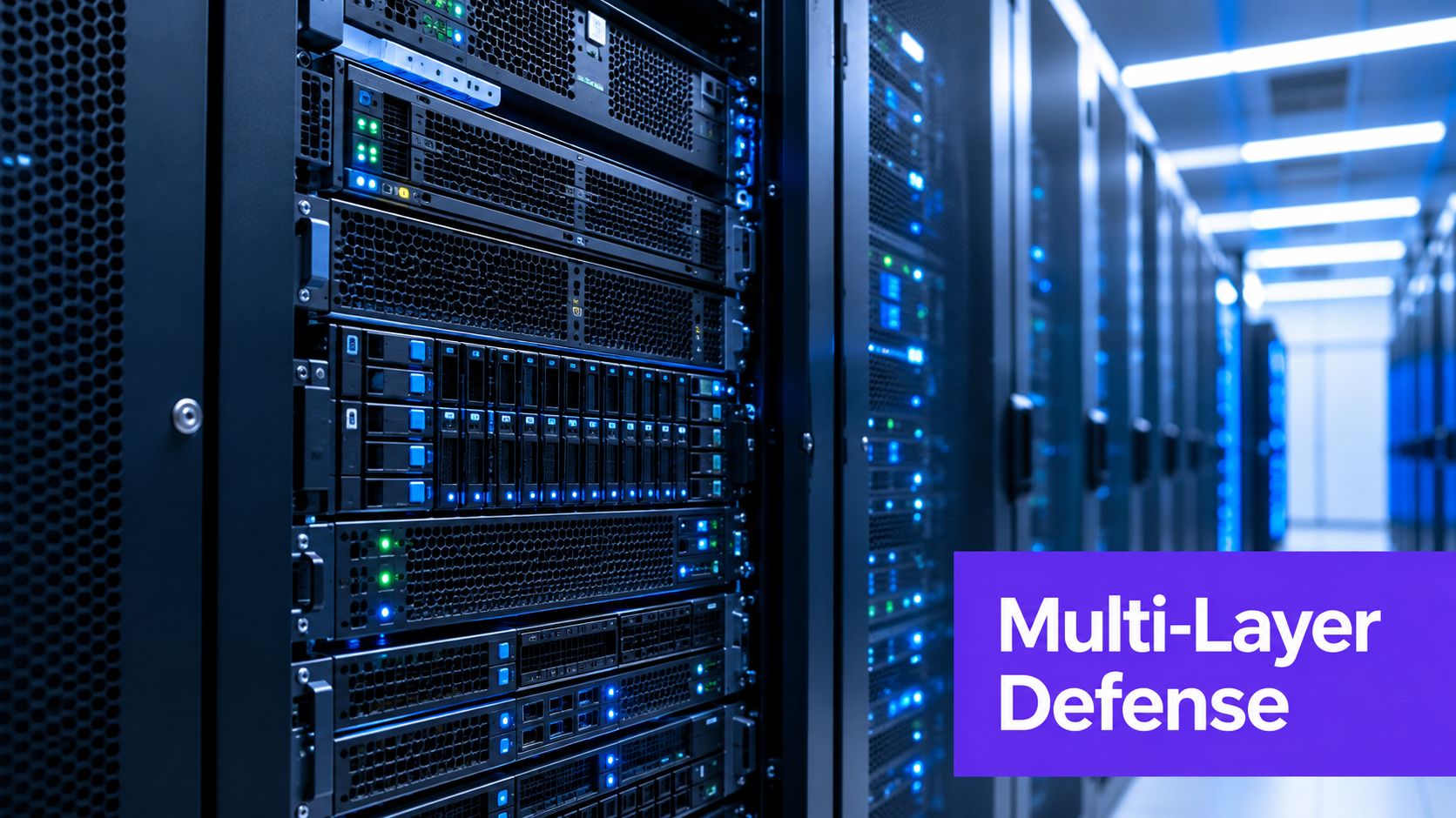 A server rack in a data center with blue status lights and a multi-layer defense overlay.