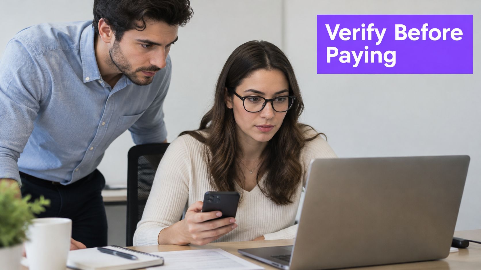 A man and woman collaborating while reviewing business documents and digital devices to prevent corporate fraud.