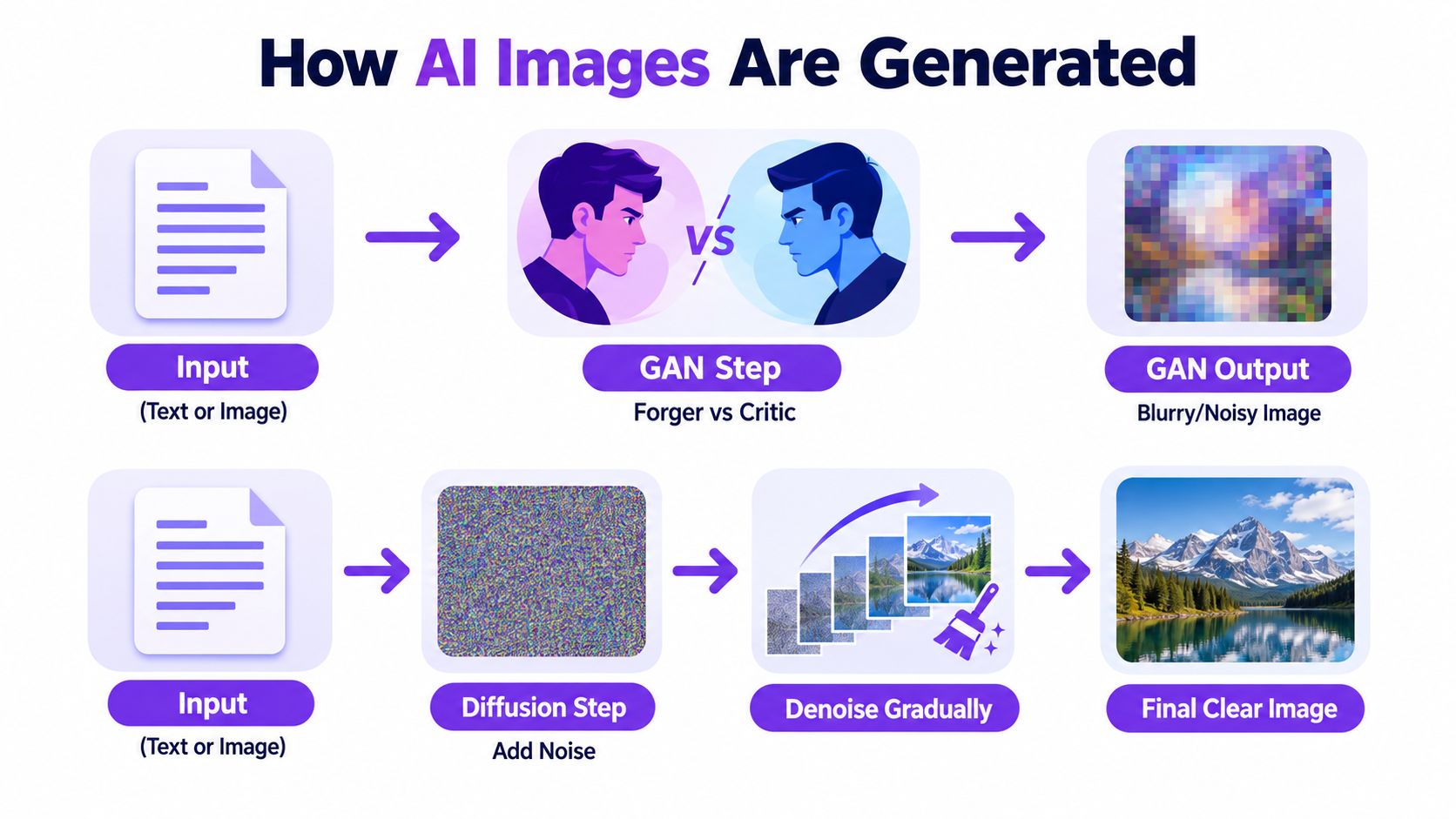 A diagram illustrating how AI image generation models function, showing both GAN and diffusion model processes.