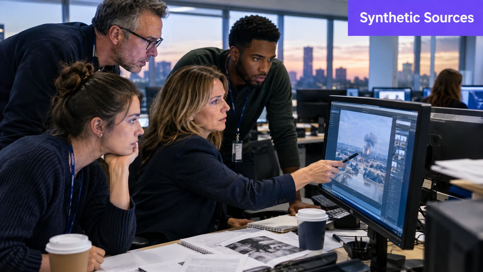 A team of professionals collaborating and analyzing data on a computer screen in a modern office.