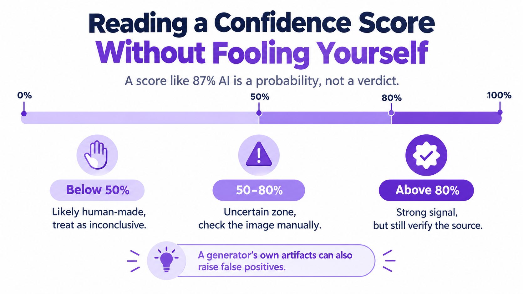 An infographic explaining how to interpret AI confidence scores for detecting AI-generated images using a probability scale.