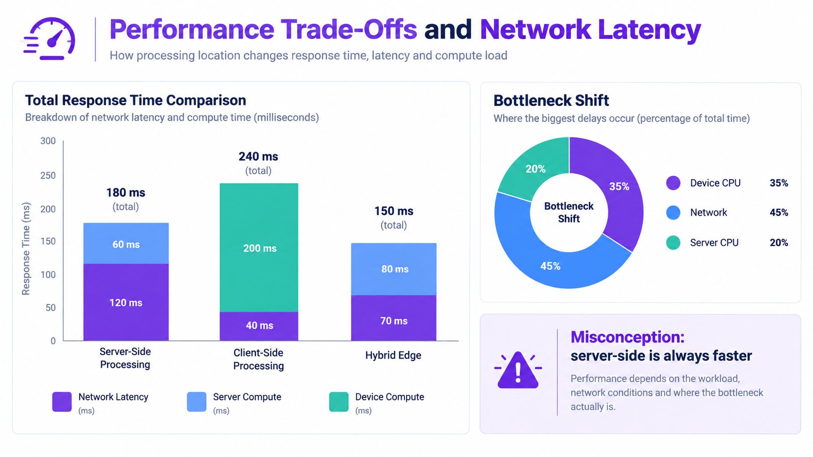 A chart illustrating performance trade-offs between server-side, client-side, and hybrid edge processing, showing latency and compute bottlenecks.