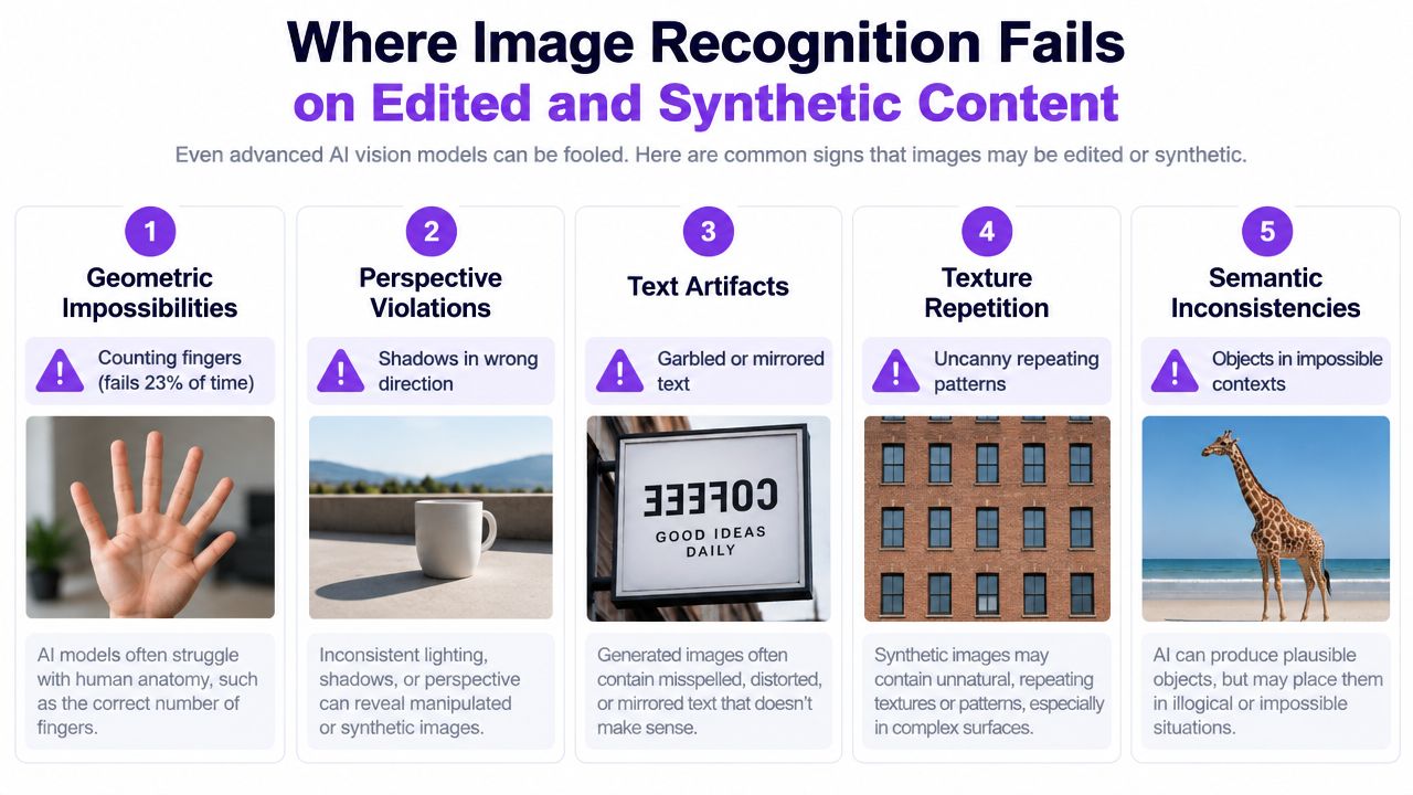 An infographic titled Where Image Recognition Fails, illustrating five common signs of AI-generated or edited synthetic images.
