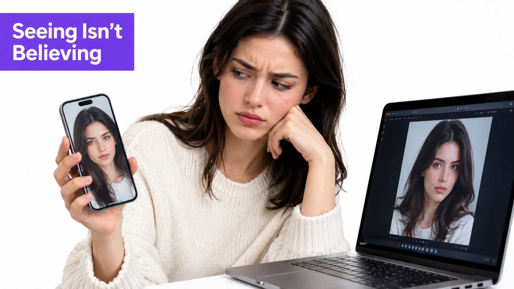 A concerned woman looks at a digitally edited selfie on her smartphone compared to the original image.
