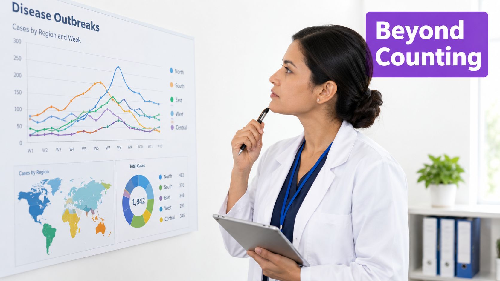 A female doctor in a white coat examines a chart about disease outbreaks on a large wall screen.