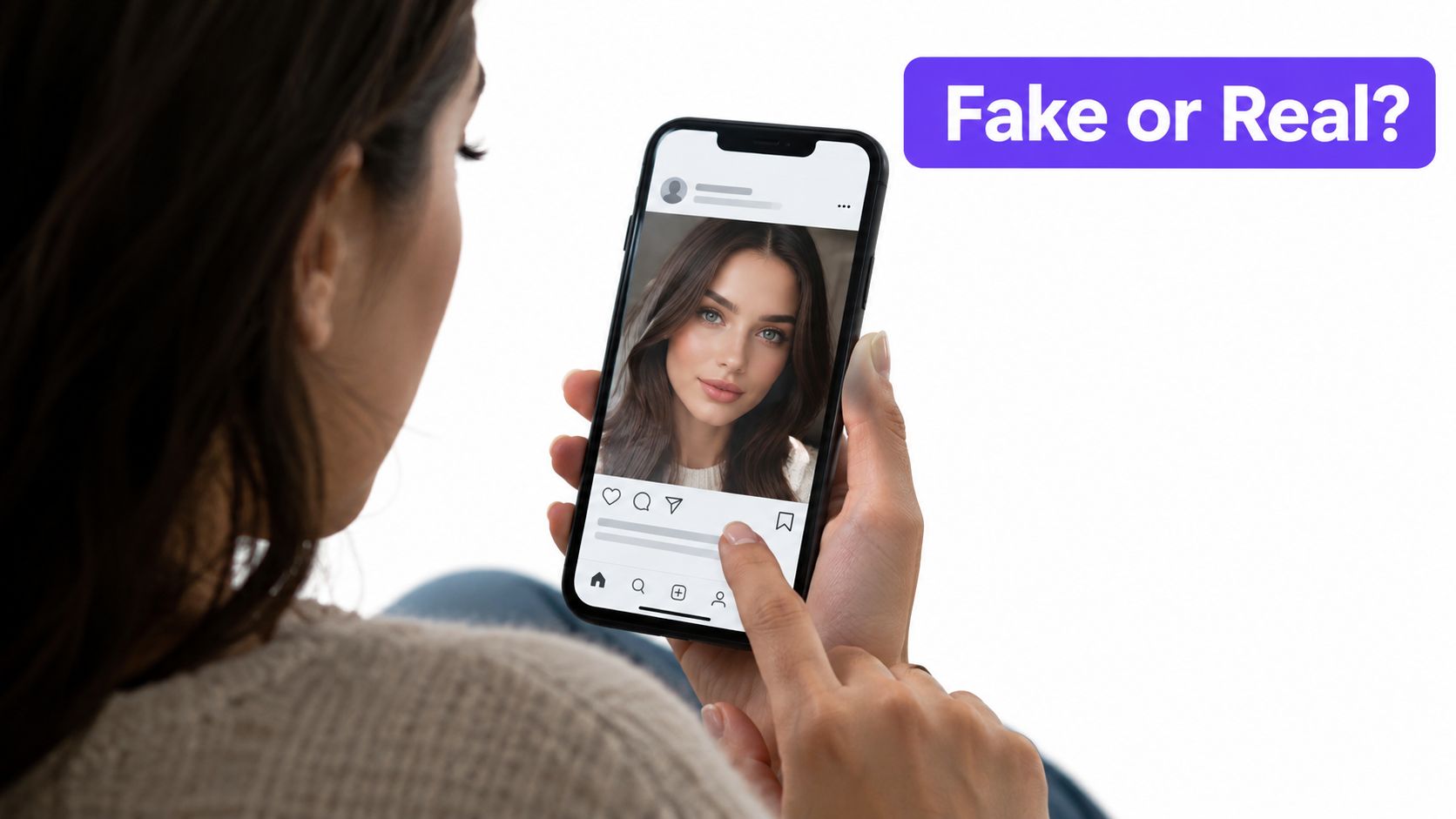A woman holding a smartphone displaying an AI-generated portrait of a girl, illustrating digital image forgery detection.