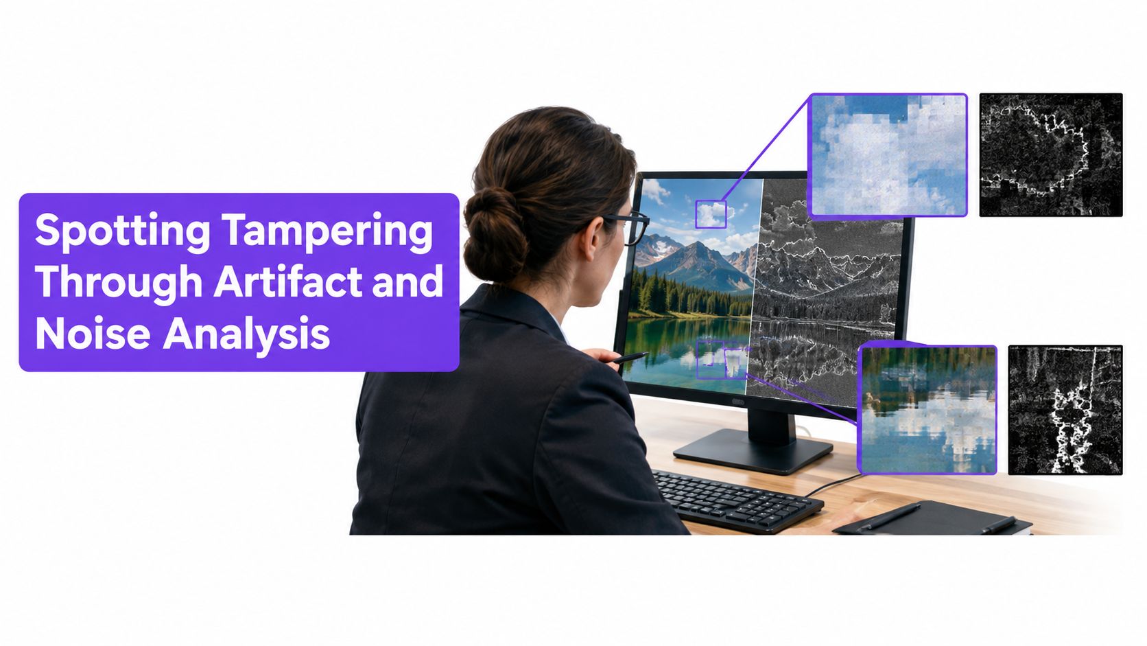 A professional analyzing a digital landscape image for signs of tampering using artifact and noise analysis tools.