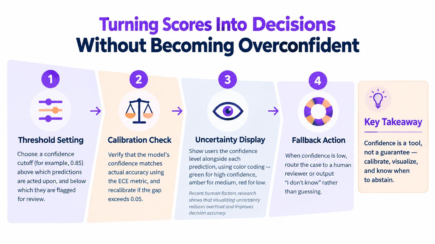 A four-step infographic illustrating how to process machine learning confidence scores for better decision-making outcomes.