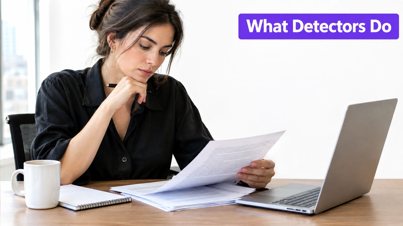 A professional woman in a dark shirt reviewing printed documents while working at her office desk.