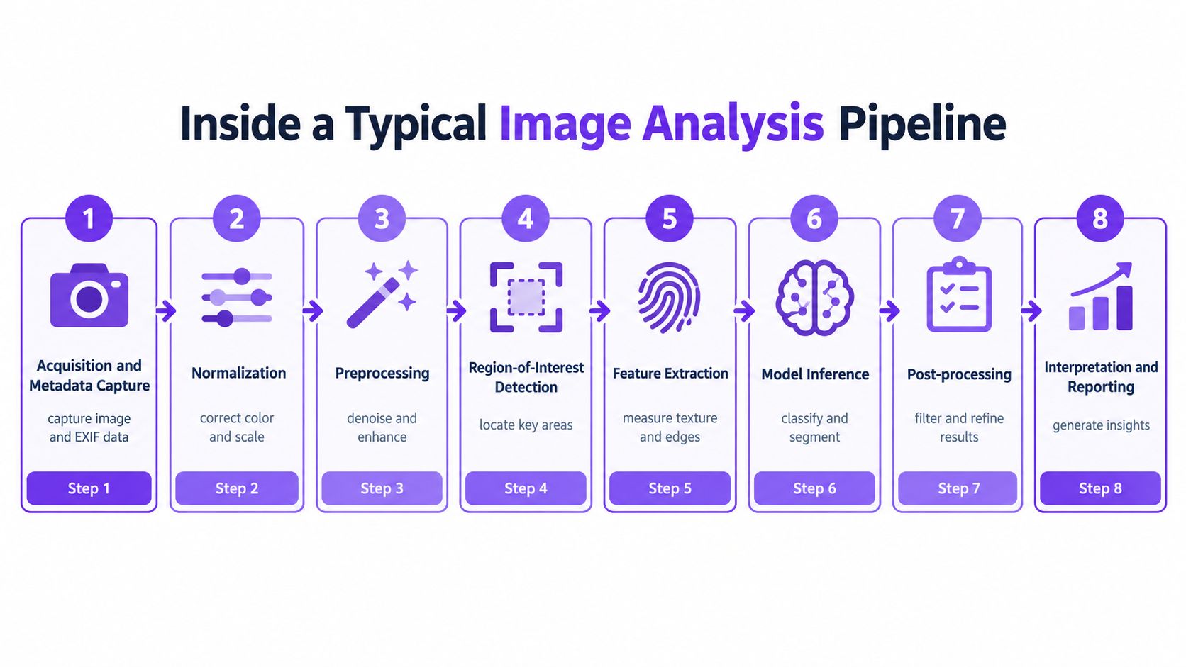 A diagram illustrating the eight steps of a typical image analysis pipeline from acquisition to final reporting.