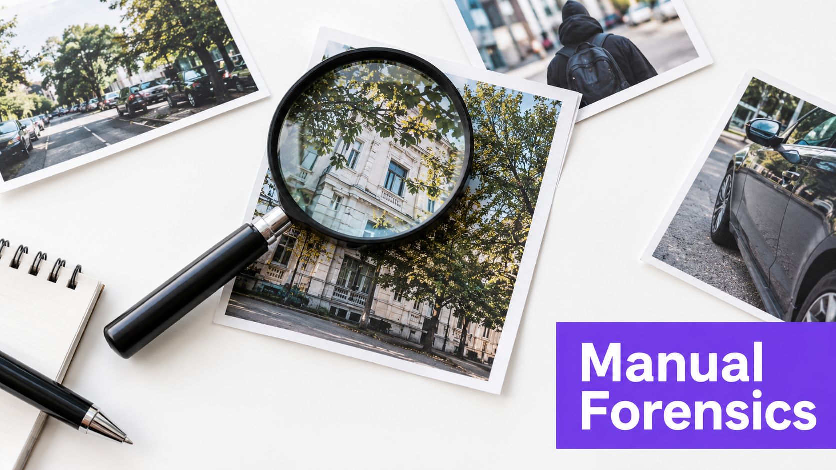A magnifying glass placed over a photograph of a building surrounded by trees on a white desk.