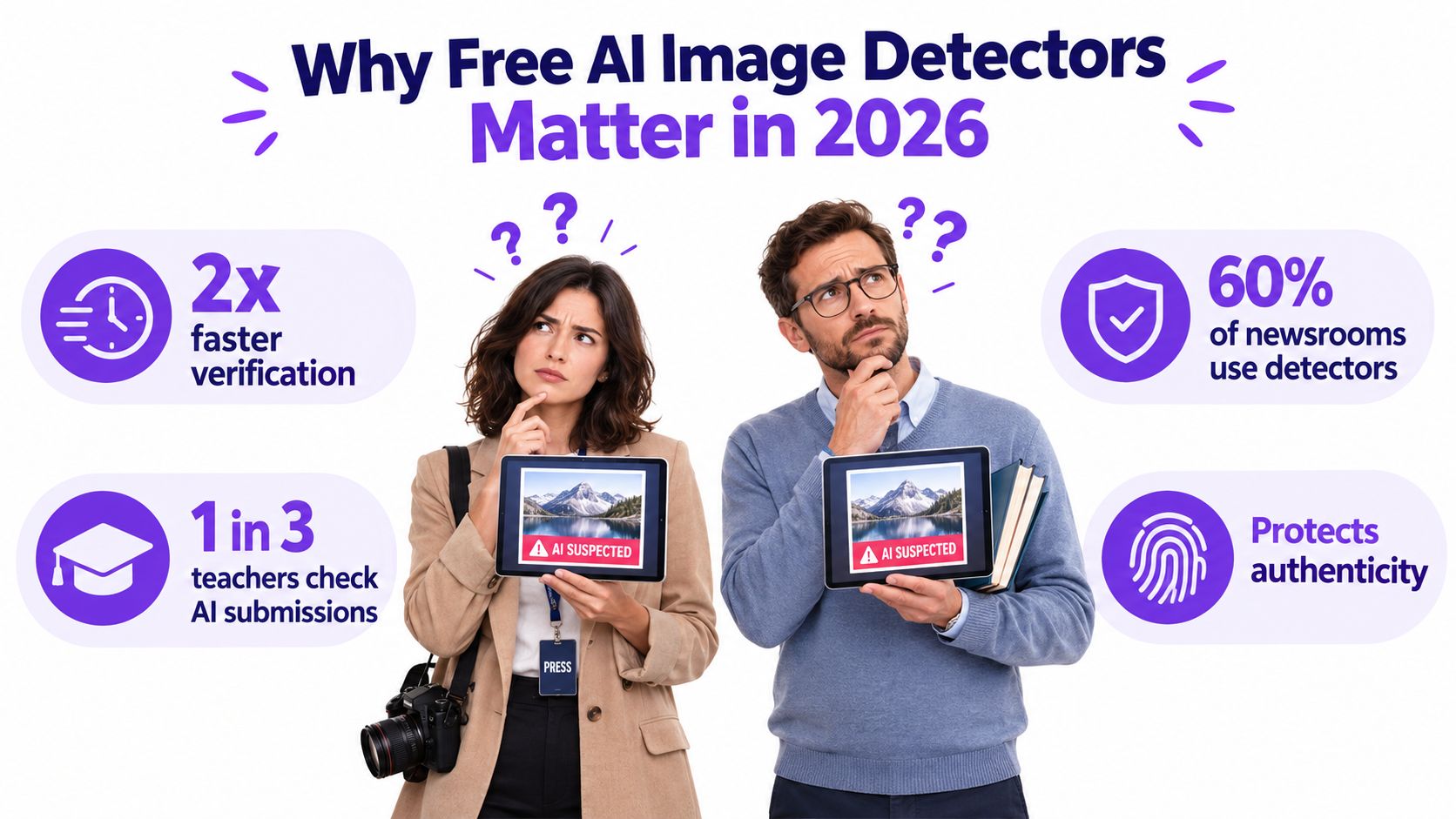 A man and woman looking at digital tablets that display an AI suspected warning on mountain images.