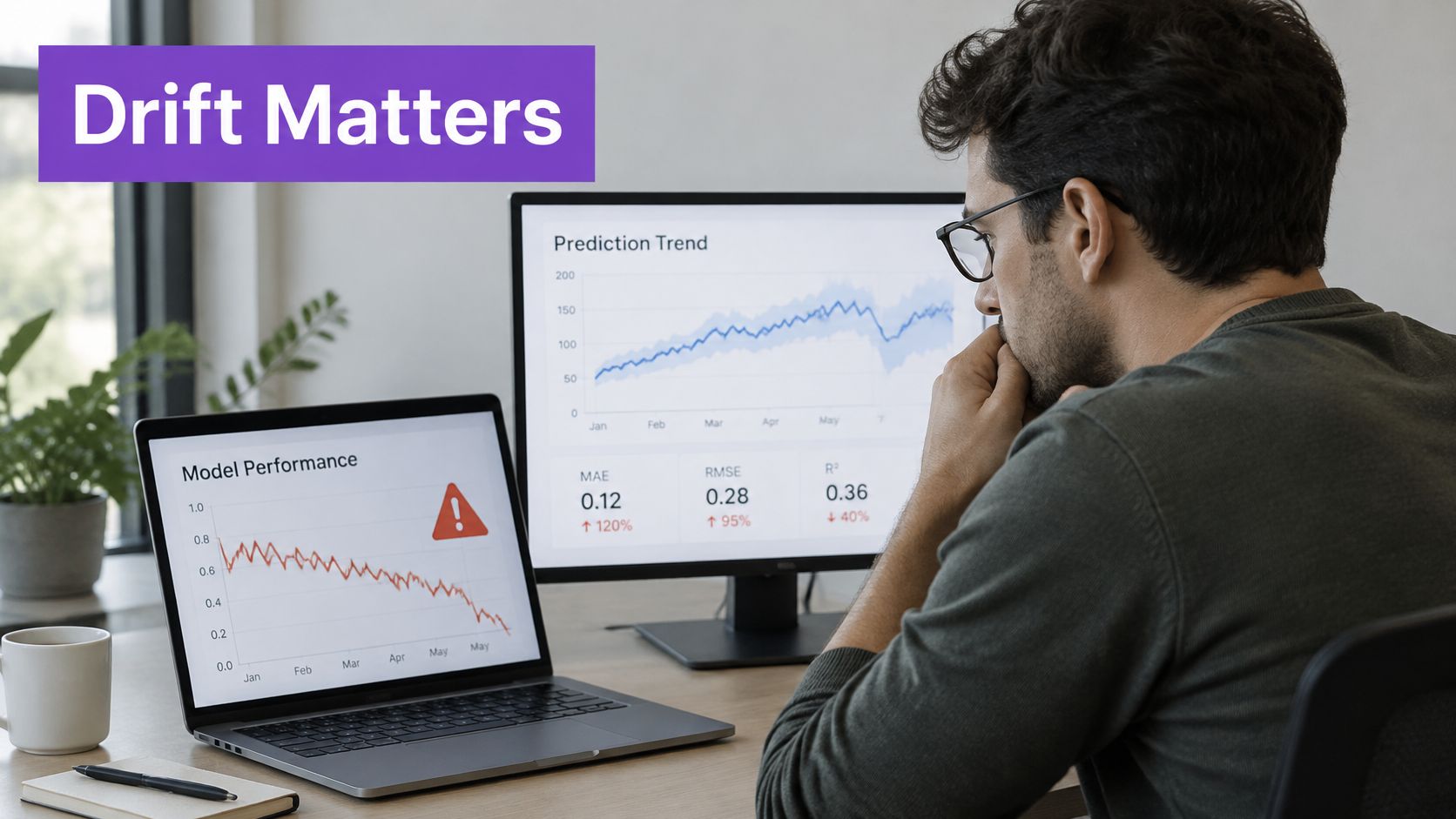 A man looks thoughtfully at two computer monitors displaying data analysis charts and model performance metrics.