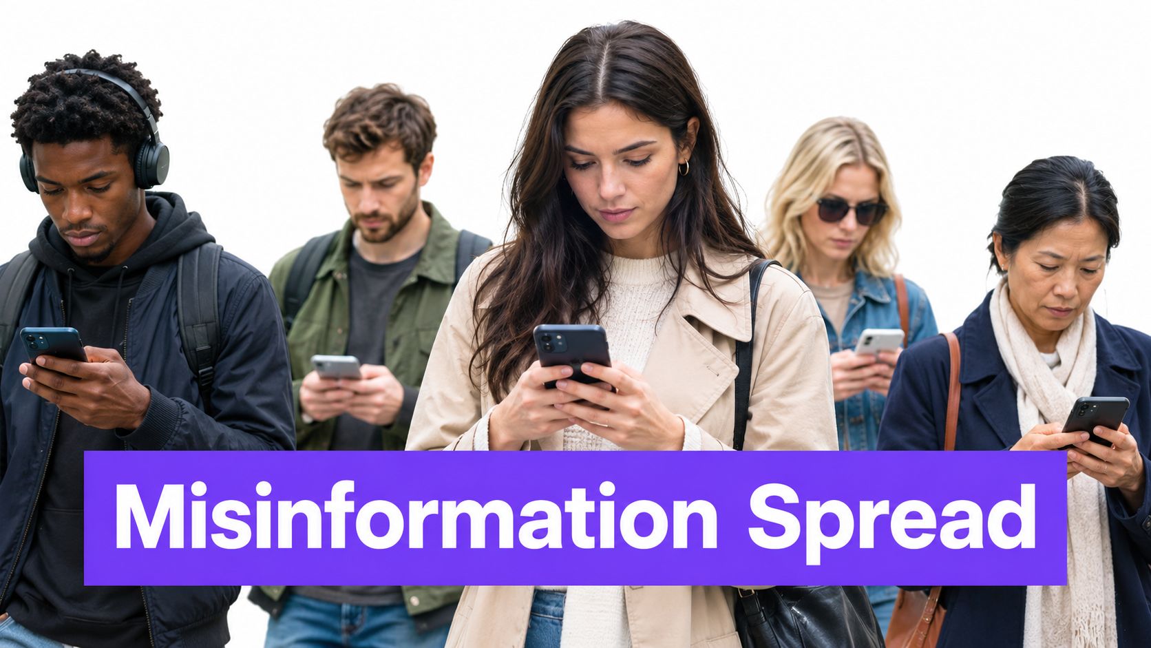 A diverse group of five people focused on their smartphones with the text Misinformation Spread overlayed.