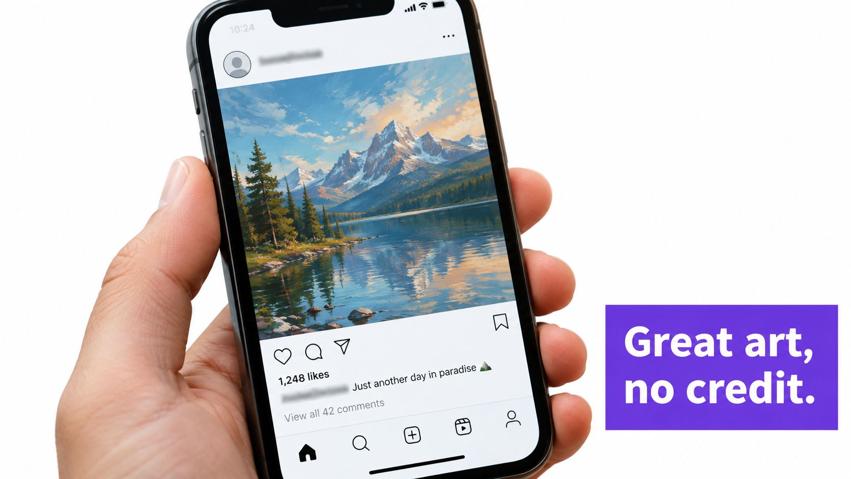 A hand holds a smartphone displaying an Instagram post featuring a landscape painting without attribution.