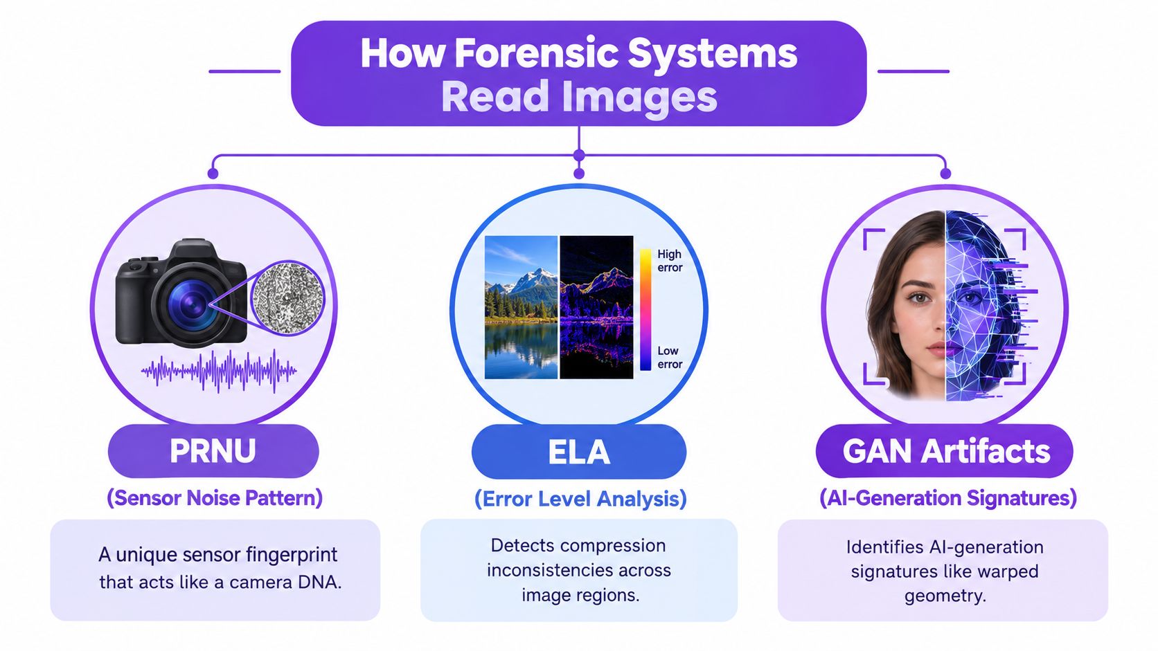 An infographic titled How Forensic Systems Read Images, illustrating PRNU, ELA, and GAN Artifacts for detection methods.