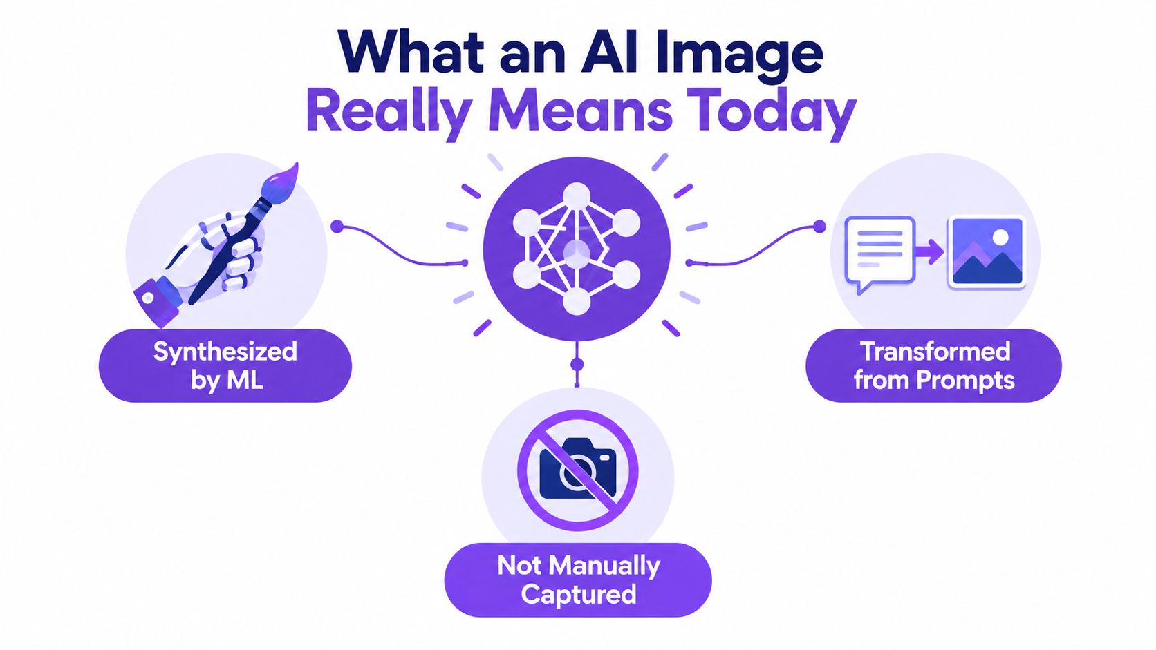 An infographic titled What an AI Image Really Means Today with icons showing synthesized, prompted, and uncaptured content.