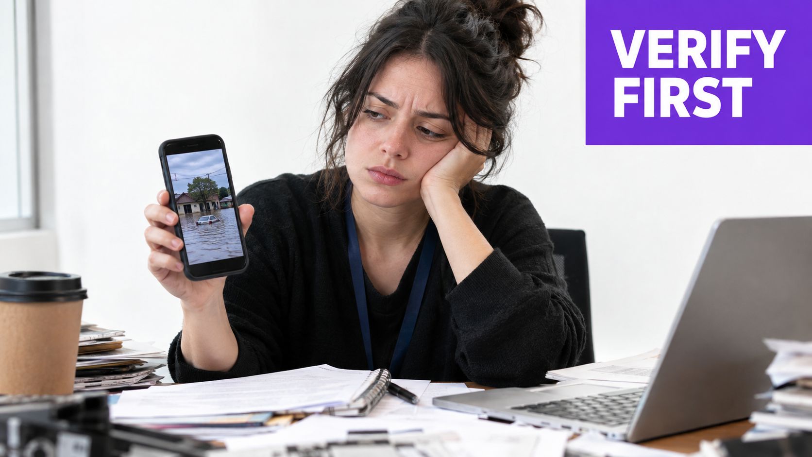 A woman looks concerned while displaying a photo of a flooded street on her smartphone.
