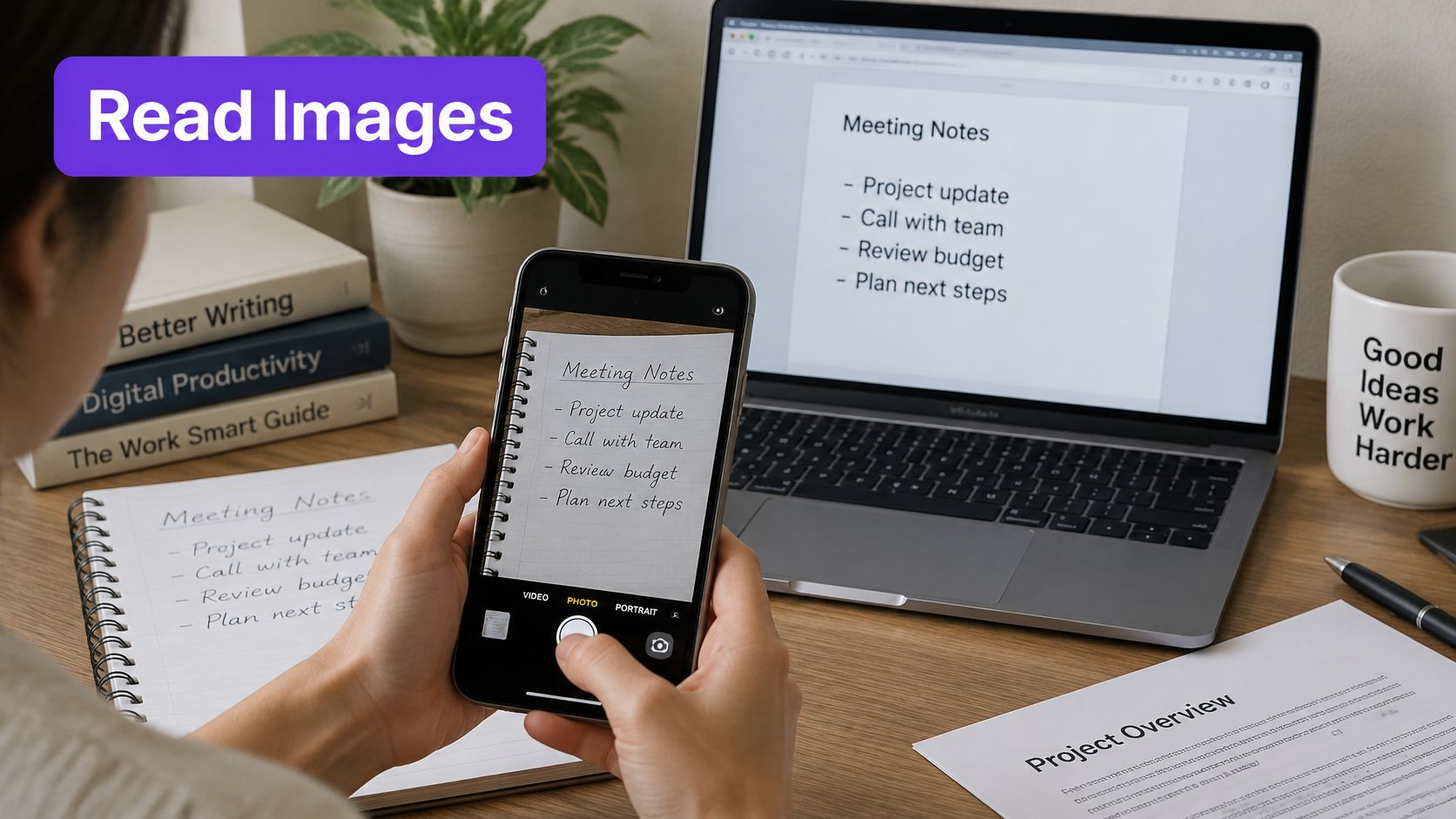 A person using a smartphone to scan handwritten meeting notes on a desk with a laptop nearby.