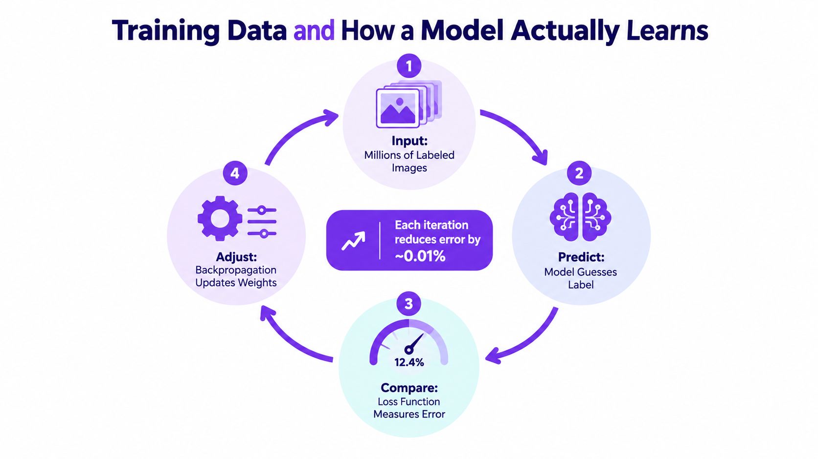 A circular diagram illustrating the four-step machine learning process of training models using labeled image datasets.