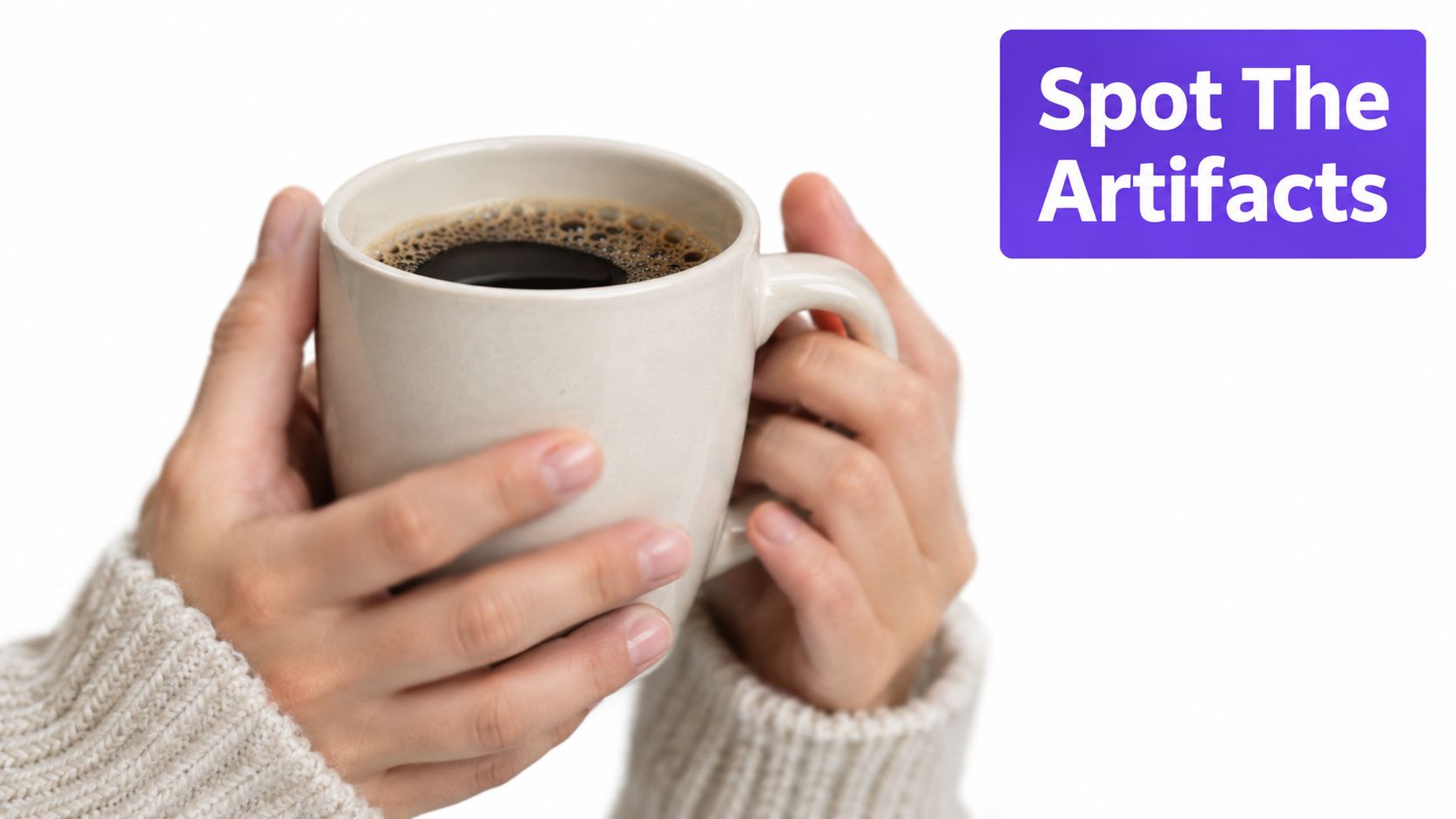 A close up view of hands holding a warm coffee mug with an AI generated artifact error.