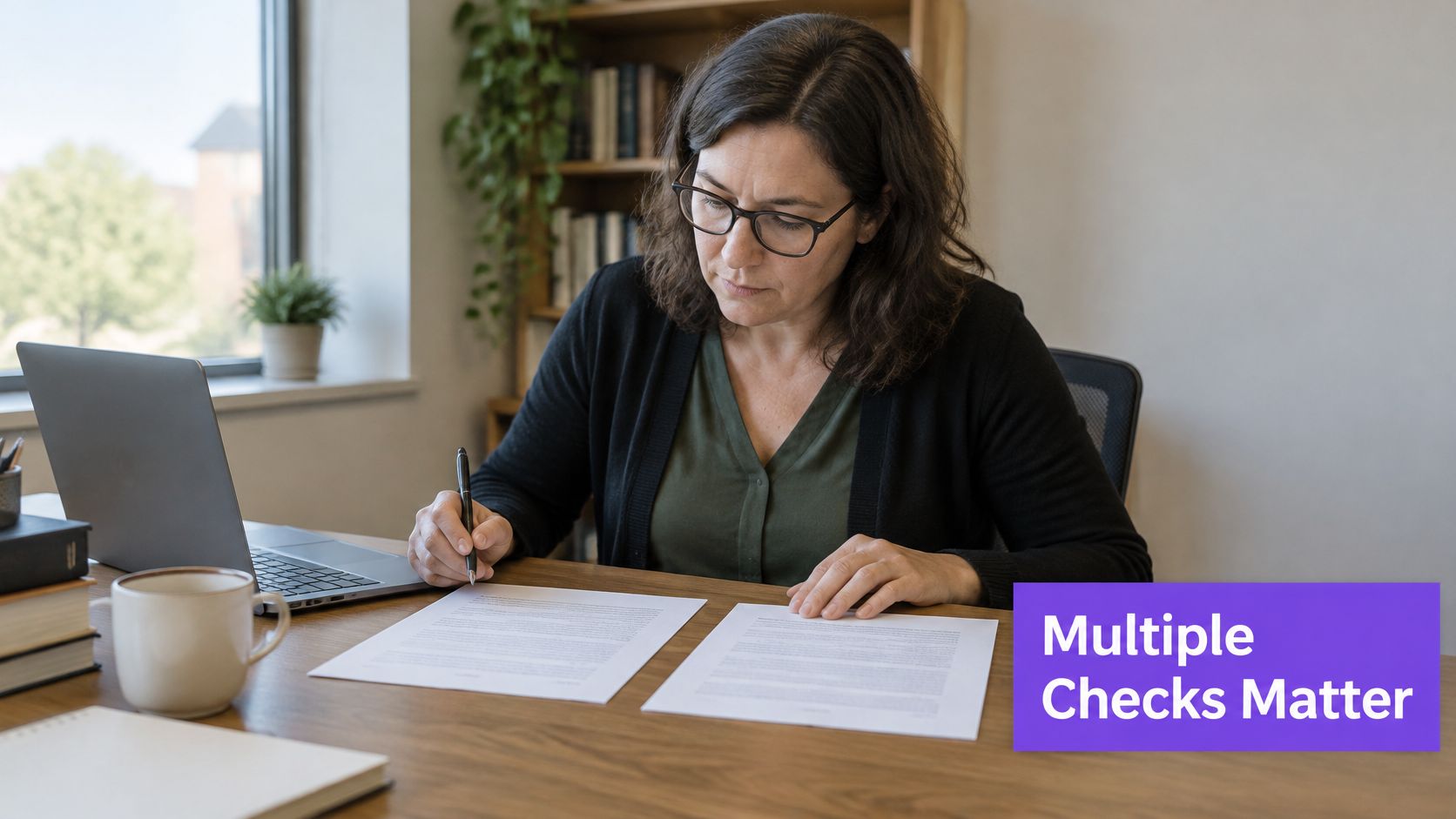 A professional woman wearing glasses reviews and signs documents at her desk with a laptop nearby.
