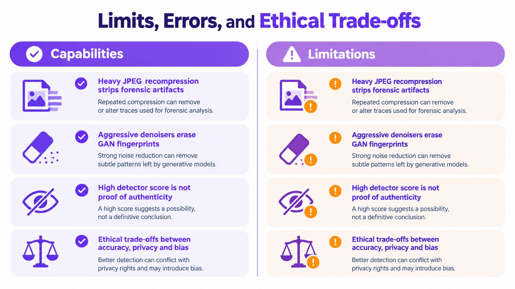 An infographic titled Limits, Errors, and Ethical Trade-offs displaying four key technical and ethical challenges in image analysis.