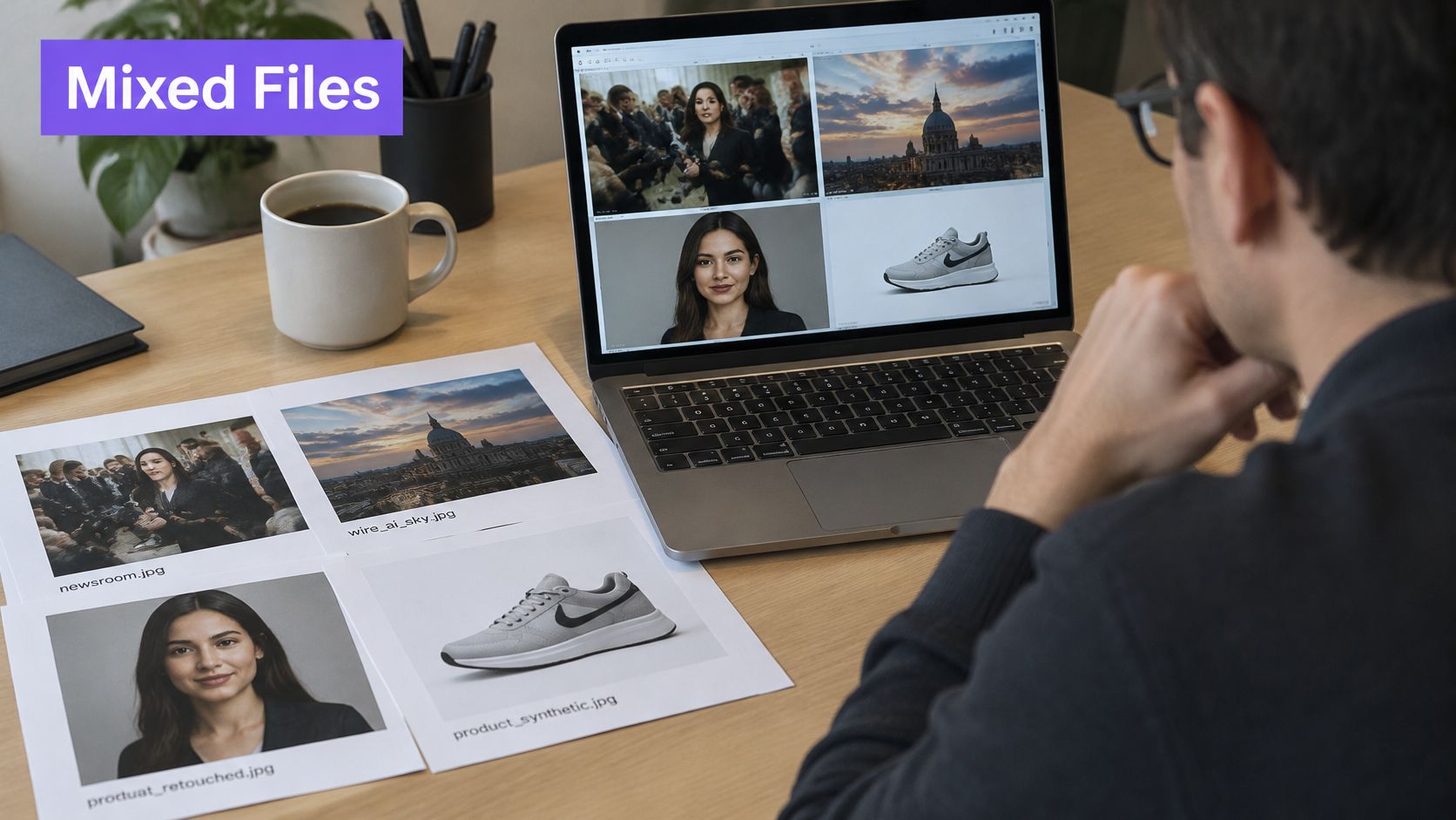 A professional working on a laptop at a desk with printed photos of digital image files.