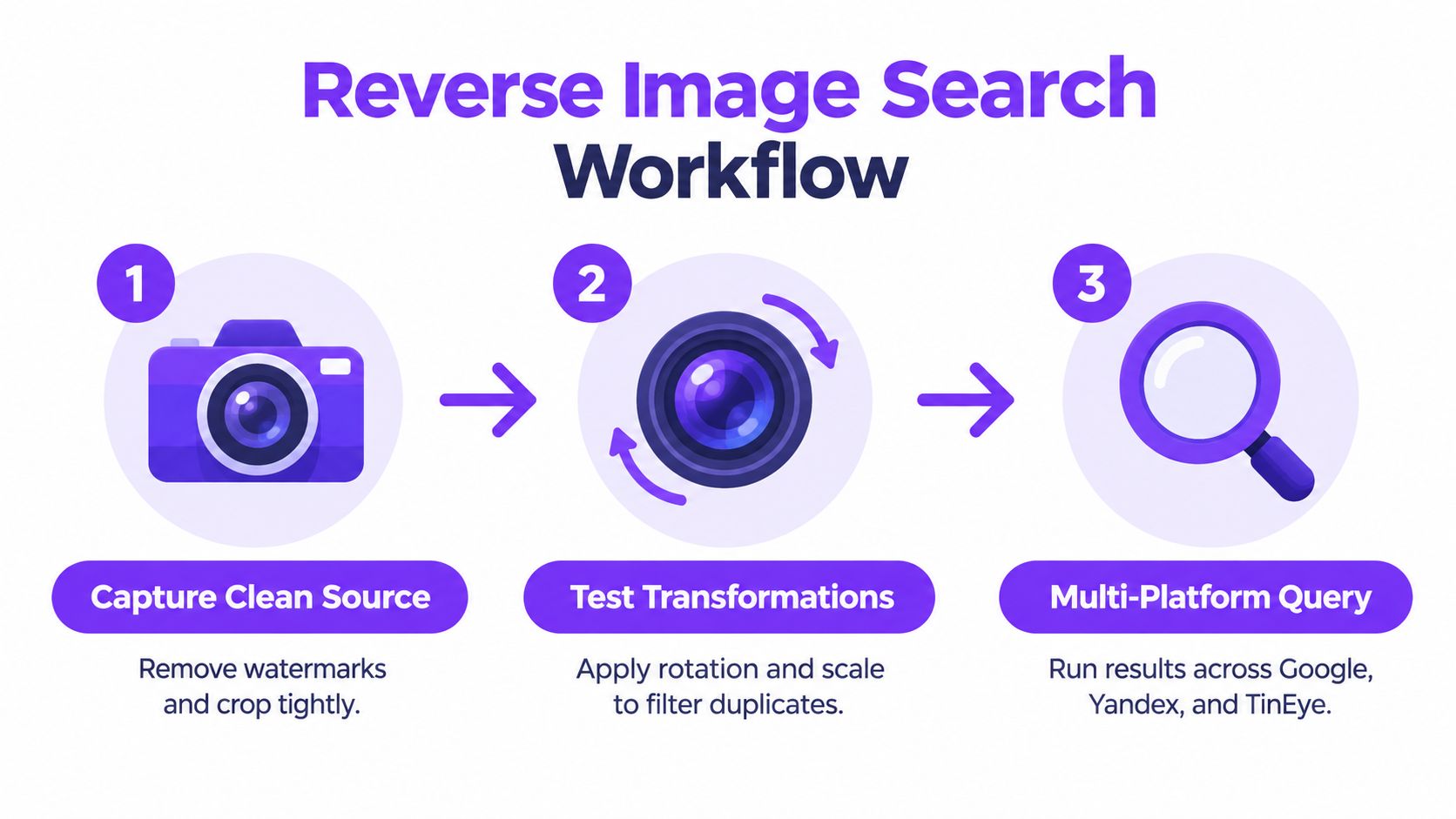 A simple infographic showing the three steps for conducting an effective reverse image search process.