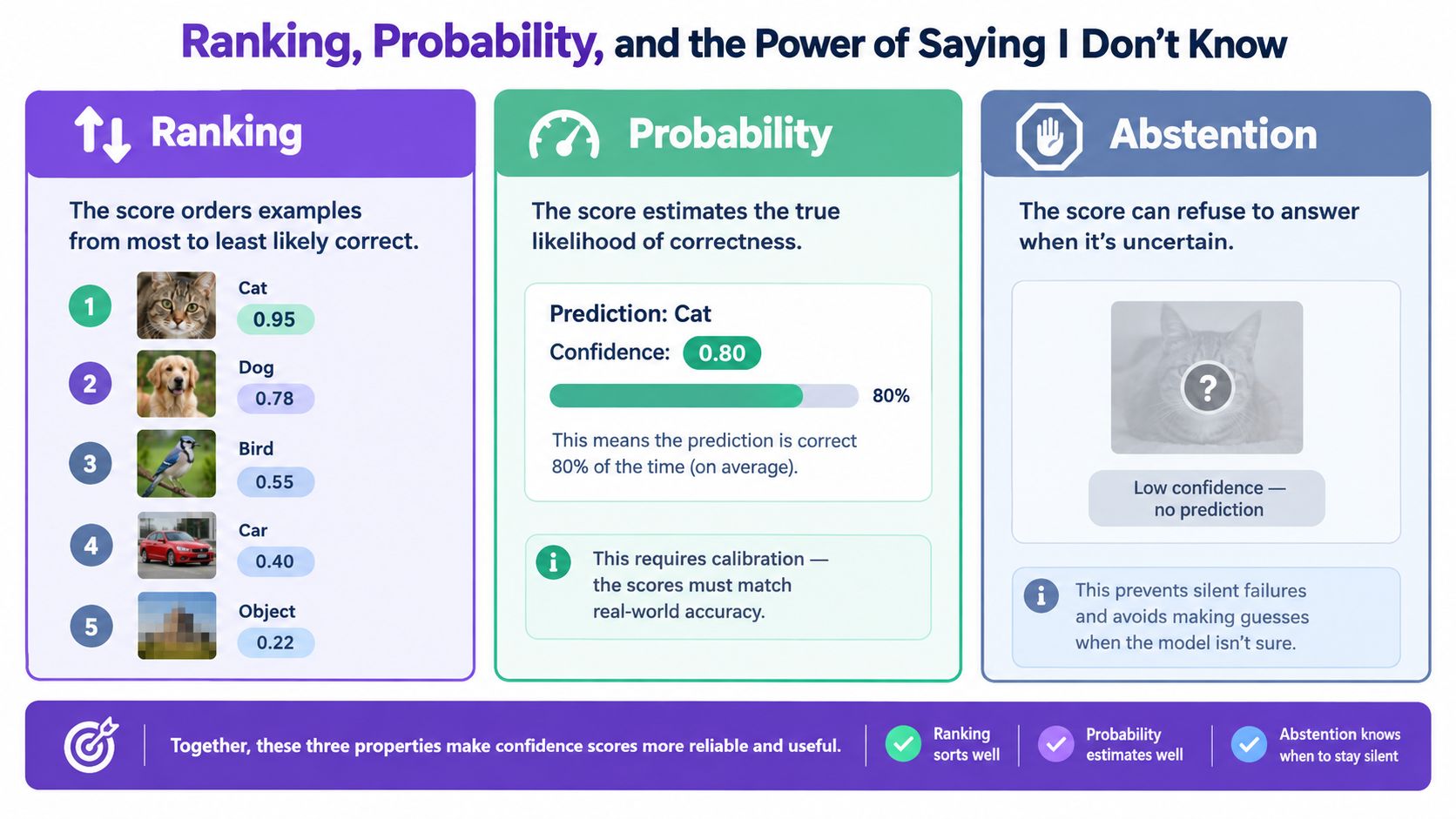 An infographic explaining confidence scores in machine learning through ranking, probability, and abstention concepts.