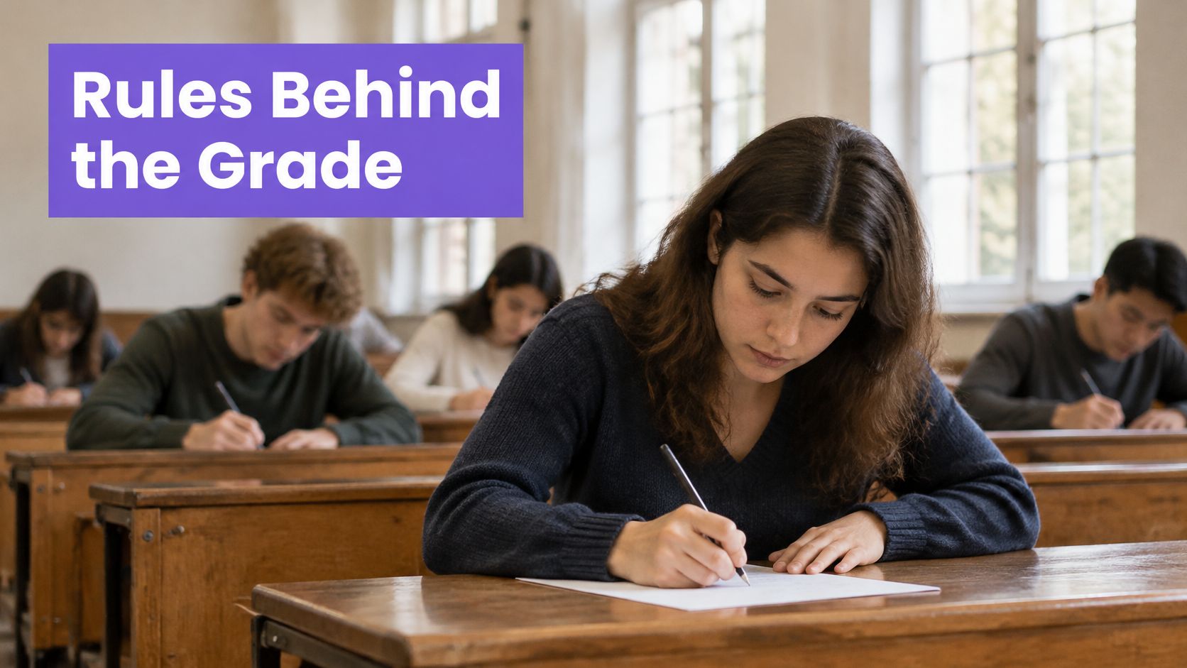 A diverse group of university students focused on writing their exam in a quiet classroom setting.