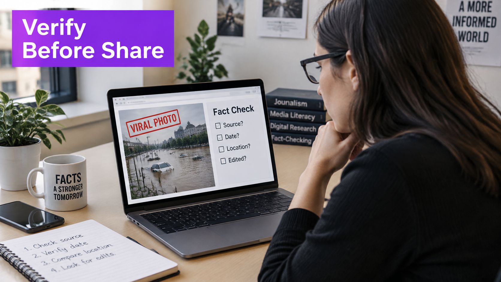 A person sitting at a desk checking a viral photo on a laptop for fact-checking purposes.