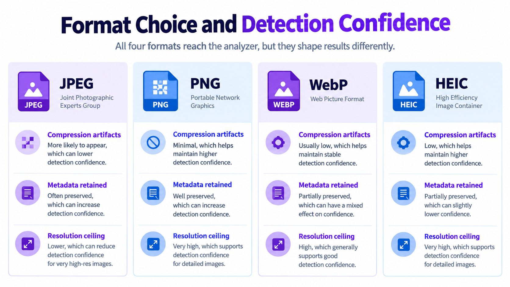 A comparison chart showing how JPEG, PNG, WebP, and HEIC image formats affect detection confidence and quality.