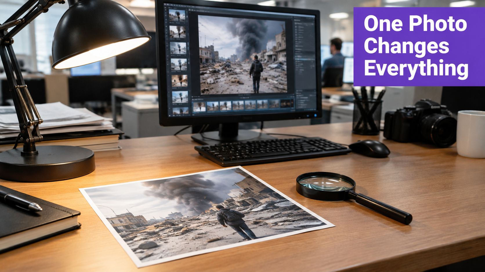 A professional desk workspace showing an image of a war-torn city on a monitor and printed photo.