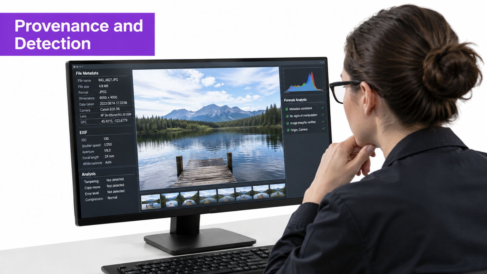 A professional analyzing a mountain lake landscape photo for image authenticity and manipulation on a computer screen.