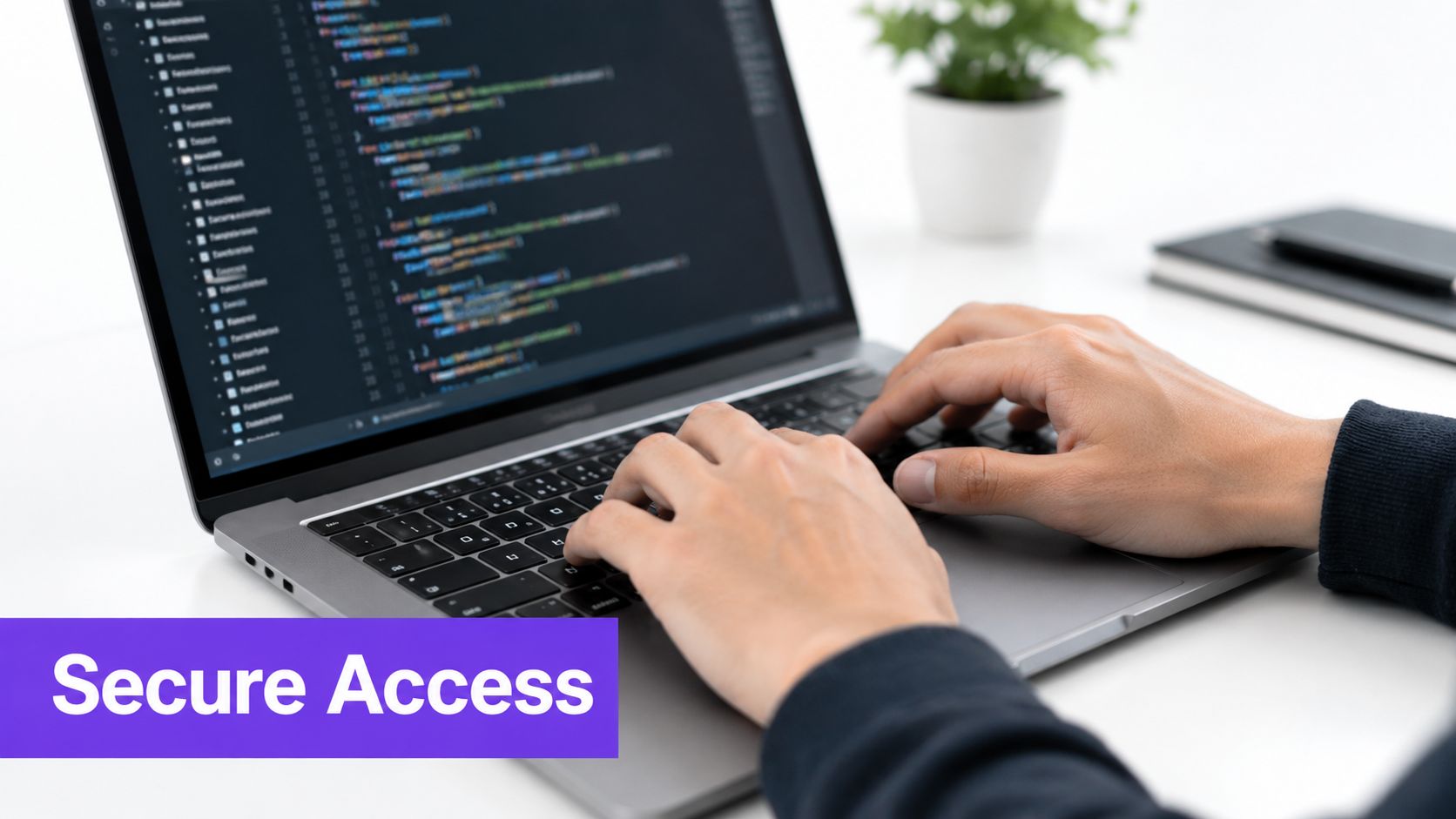 A close-up view of a developer working on code on a laptop screen with Secure Access text overlay.