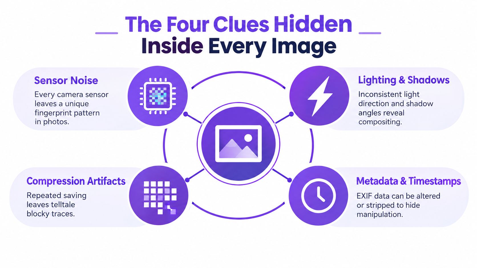 A diagram illustrating the four forensic clues to detect image manipulation: sensor noise, lighting, compression artifacts, and metadata.