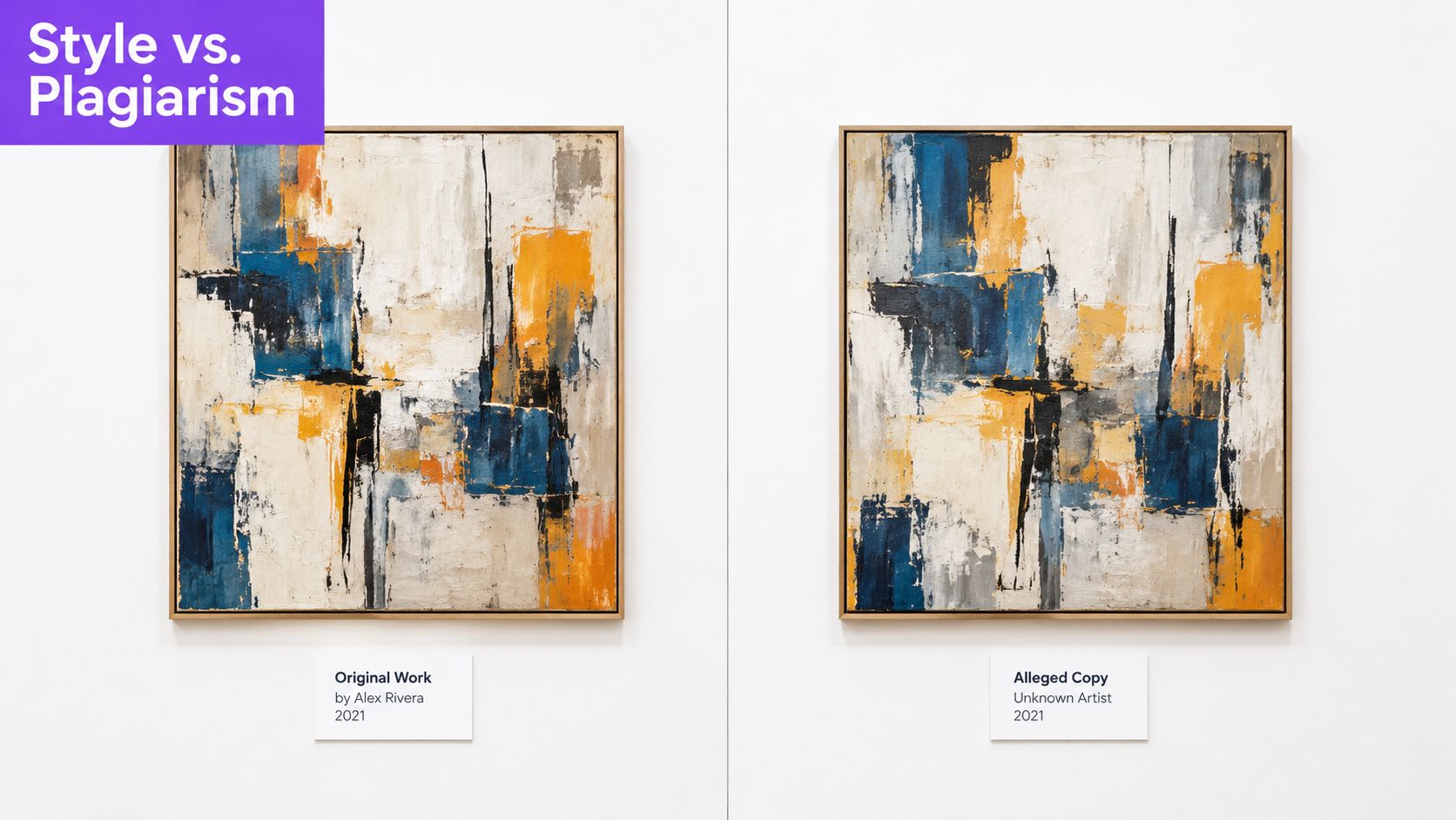 A split-screen comparison of an original abstract painting and its alleged copy side by side.