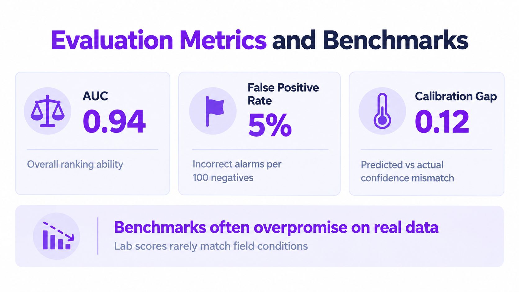 An infographic displaying evaluation metrics including AUC 0.94, a 5% false positive rate, and a 0.12 calibration gap.