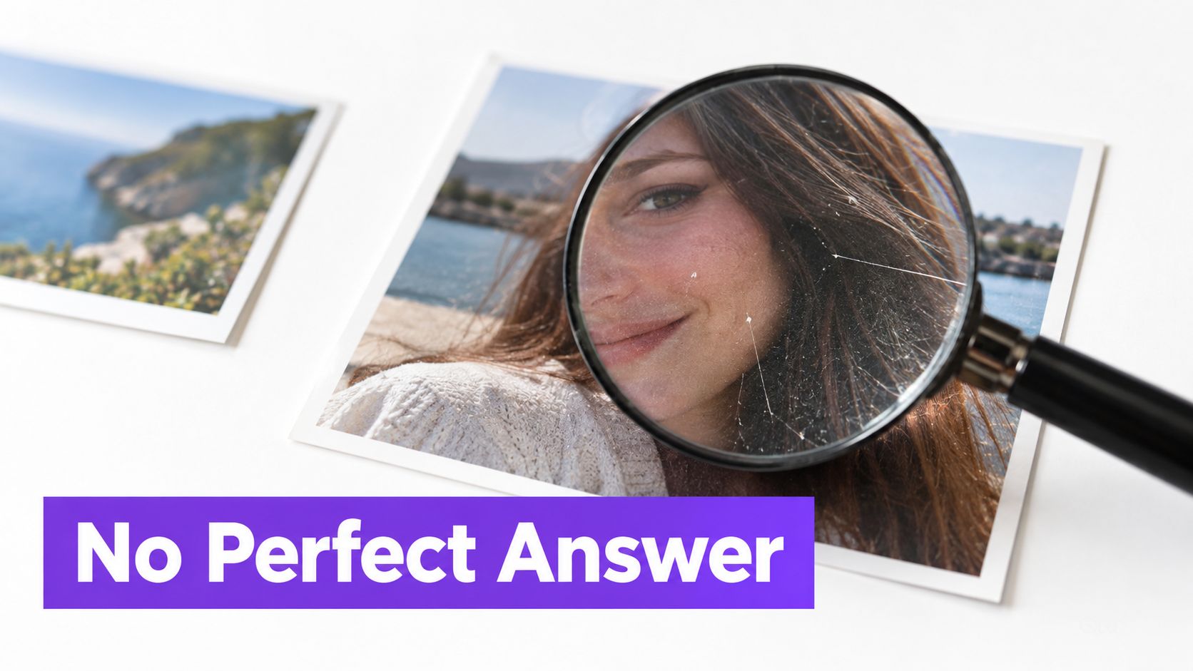 A magnifying glass placed over a photograph of a smiling woman, emphasizing the concept of image verification.