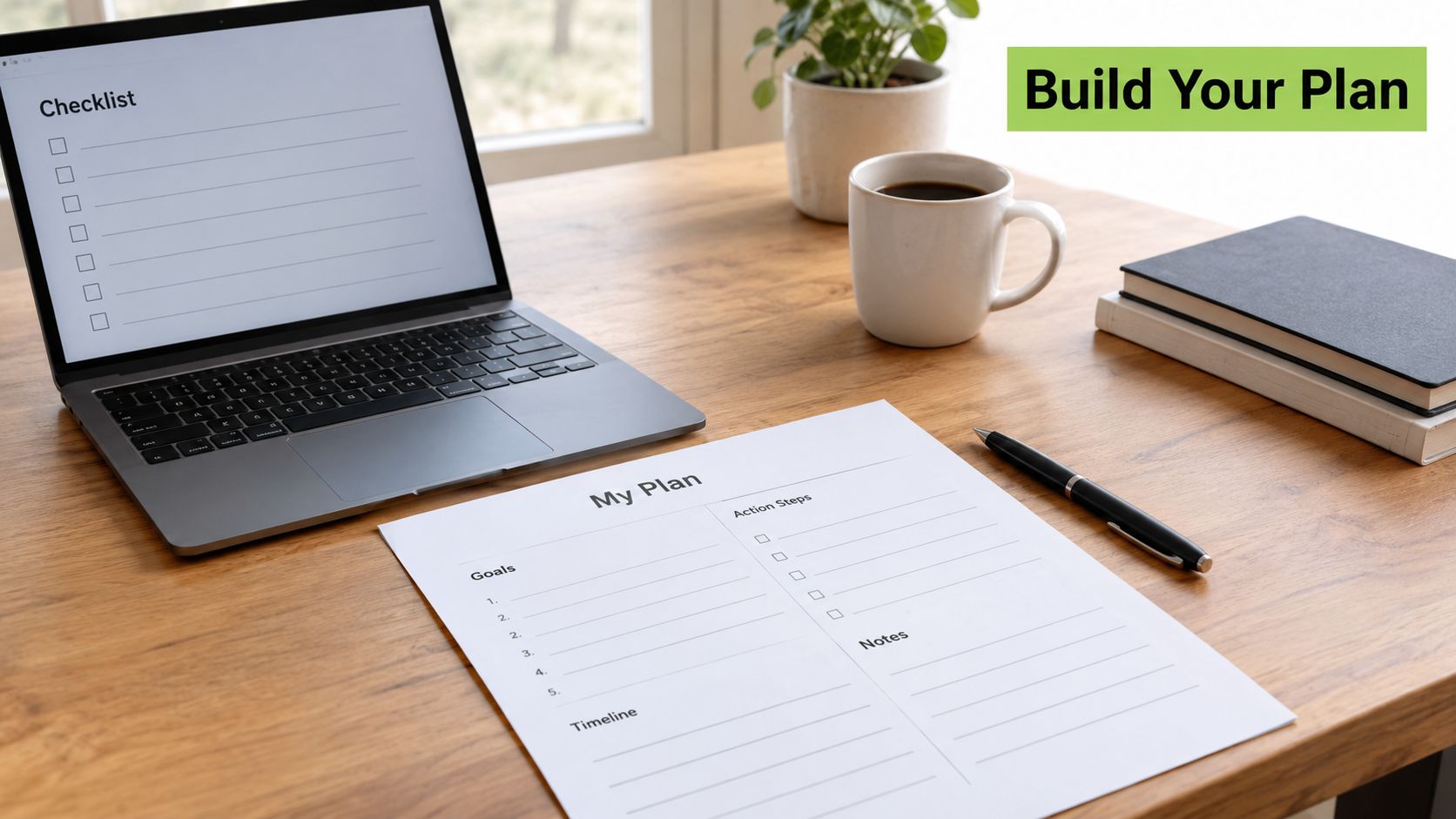 A wooden desk featuring a laptop, a notebook, a coffee mug, and a structured planning sheet.